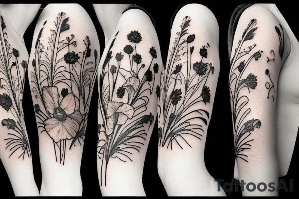 Gladiolus, daffodils, poppies, dandelion wishes tattoo idea