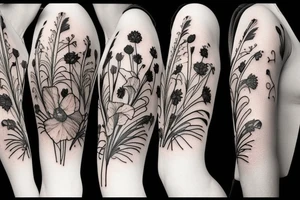 Gladiolus, daffodils, poppies, dandelion wishes tattoo idea