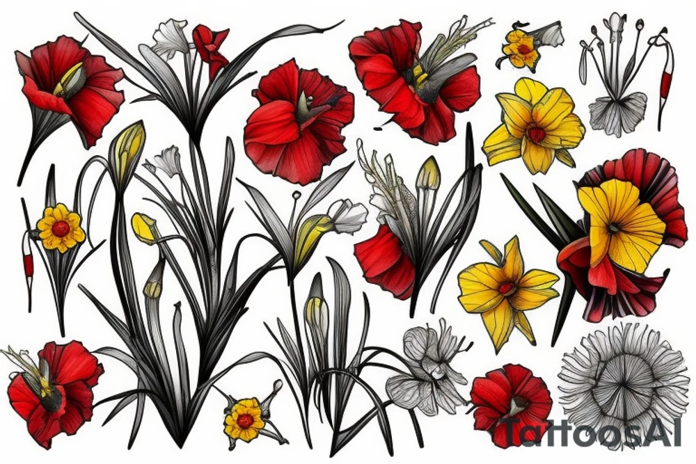 Gladiolus, daffodils, poppies, dandelion wishes tattoo idea