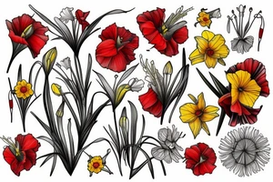 Gladiolus, daffodils, poppies, dandelion wishes tattoo idea