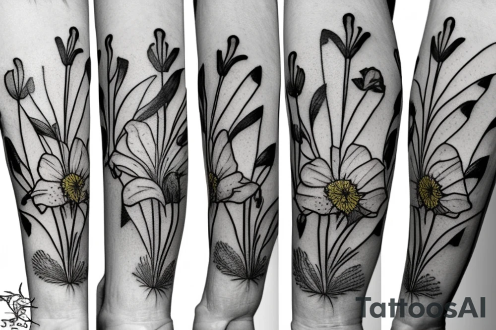 Gladiolus, daffodils, poppies, dandelion wishes tattoo idea