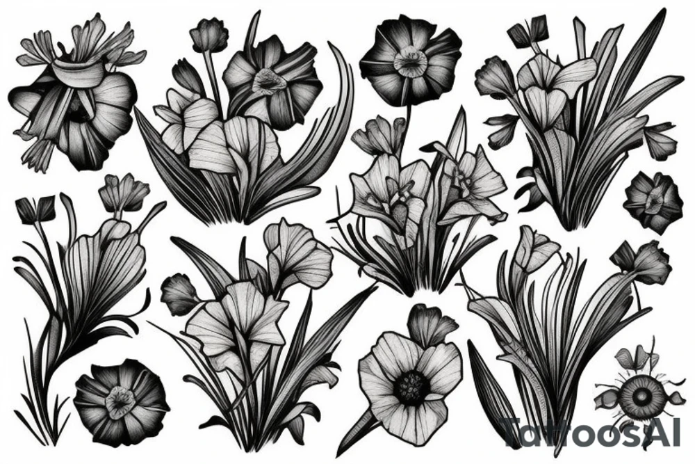 Gladiolus, daffodils, poppies, dandelion wishes tattoo idea