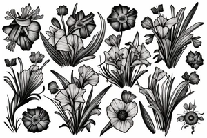 Gladiolus, daffodils, poppies, dandelion wishes tattoo idea