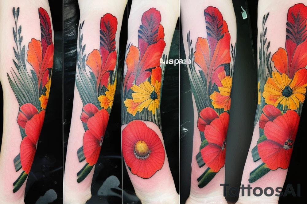 Gladiolus flower , poppies, dandelion wishes tattoo idea
