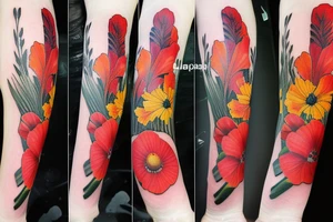 Gladiolus flower , poppies, dandelion wishes tattoo idea