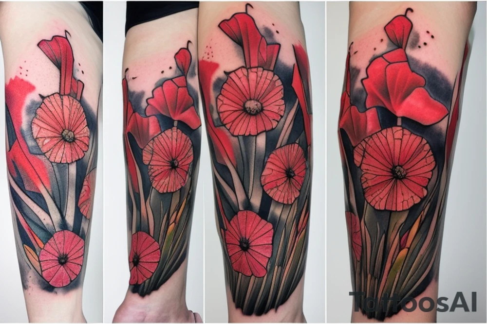 Gladiolus flower , poppies, dandelion wishes tattoo idea