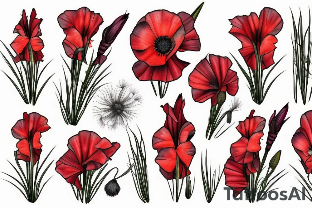 Gladiolus flower, poppy, dandelion tattoo idea