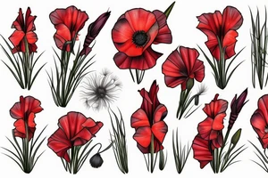 Gladiolus flower, poppy, dandelion tattoo idea