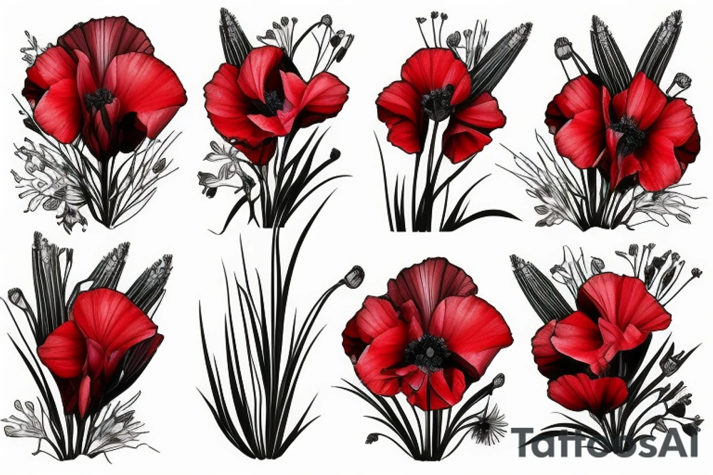 Gladiolus flower, poppy, dandelion tattoo idea