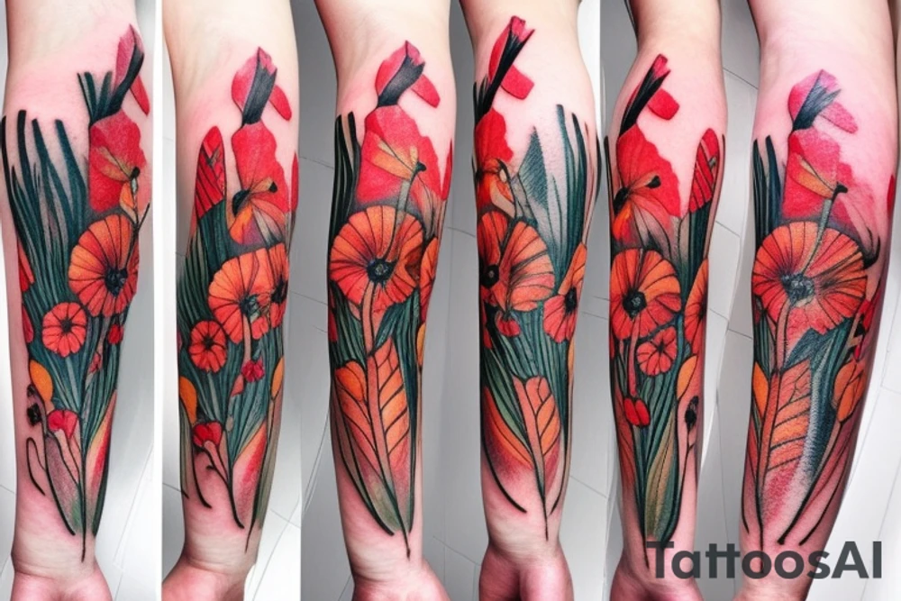 Gladiolus flower, poppy, dandelion bouquet tattoo idea