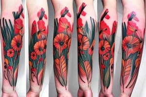 Gladiolus flower, poppy, dandelion bouquet tattoo idea