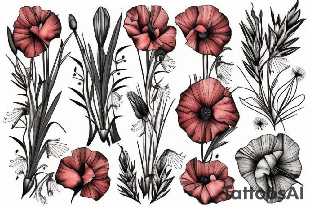 Gladiolus flower, poppy, dandelion bouquet tattoo idea