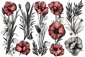 Gladiolus flower, poppy, dandelion bouquet tattoo idea