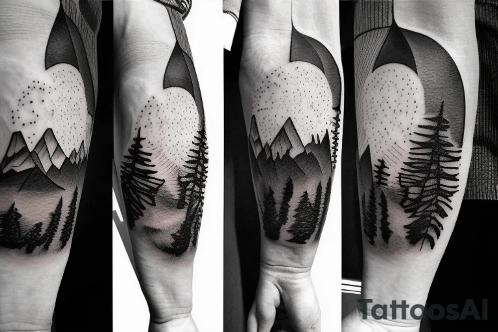 Mountains with 3 peaks and a rising sun behind and an arrow going through the middle tattoo idea