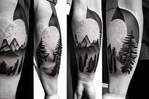 Mountains with 3 peaks and a rising sun behind and an arrow going through the middle tattoo idea