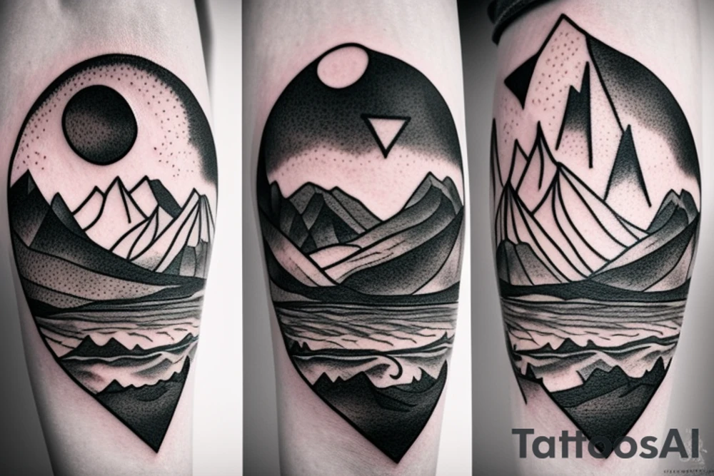Mountains with 3 peaks and a rising sun behind and an arrow going through the middle tattoo idea