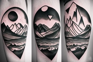 Mountains with 3 peaks and a rising sun behind and an arrow going through the middle tattoo idea