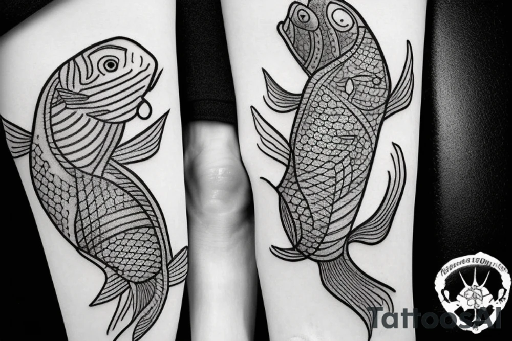 Two fish tied together wearing muhsroom hats tattoo idea