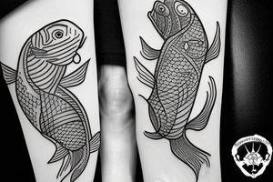Two fish tied together wearing muhsroom hats tattoo idea