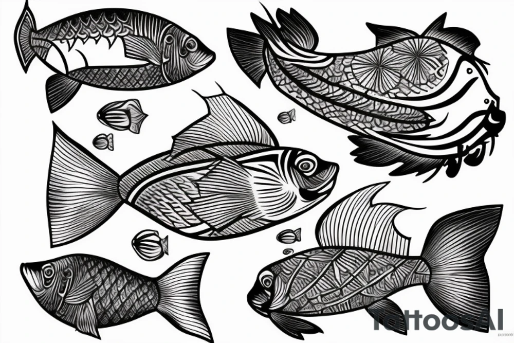 Two fish tied together wearing muhsroom hats tattoo idea