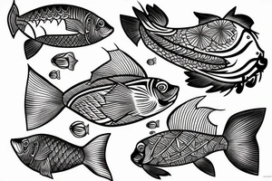 Two fish tied together wearing muhsroom hats tattoo idea