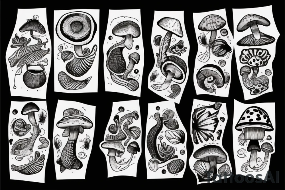 Two fish tied together in a graphic design style wearing a mushroom hat tattoo idea