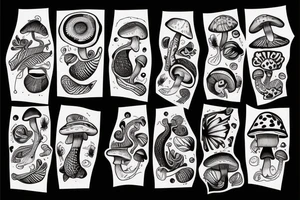 Two fish tied together in a graphic design style wearing a mushroom hat tattoo idea