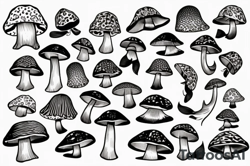Two fish tied together in a graphic design style wearing a mushroom hat tattoo idea