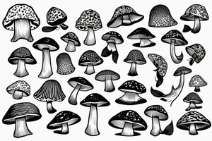 Two fish tied together in a graphic design style wearing a mushroom hat tattoo idea