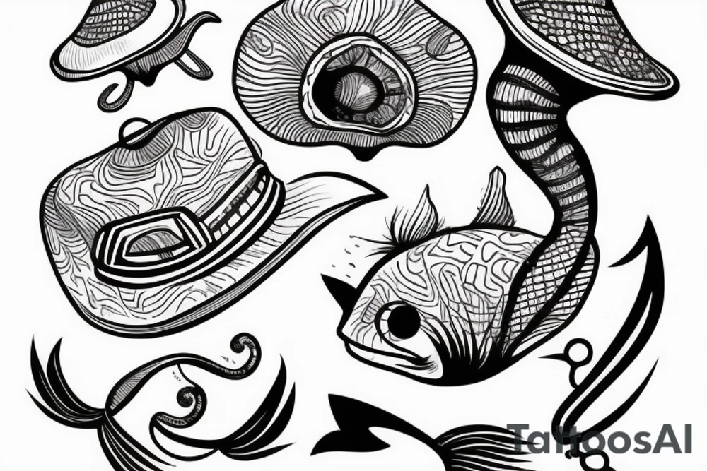 Two fish tied together in a graphic design style wearing a mushroom hat tattoo idea