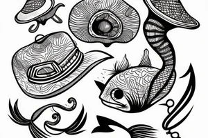 Two fish tied together in a graphic design style wearing a mushroom hat tattoo idea
