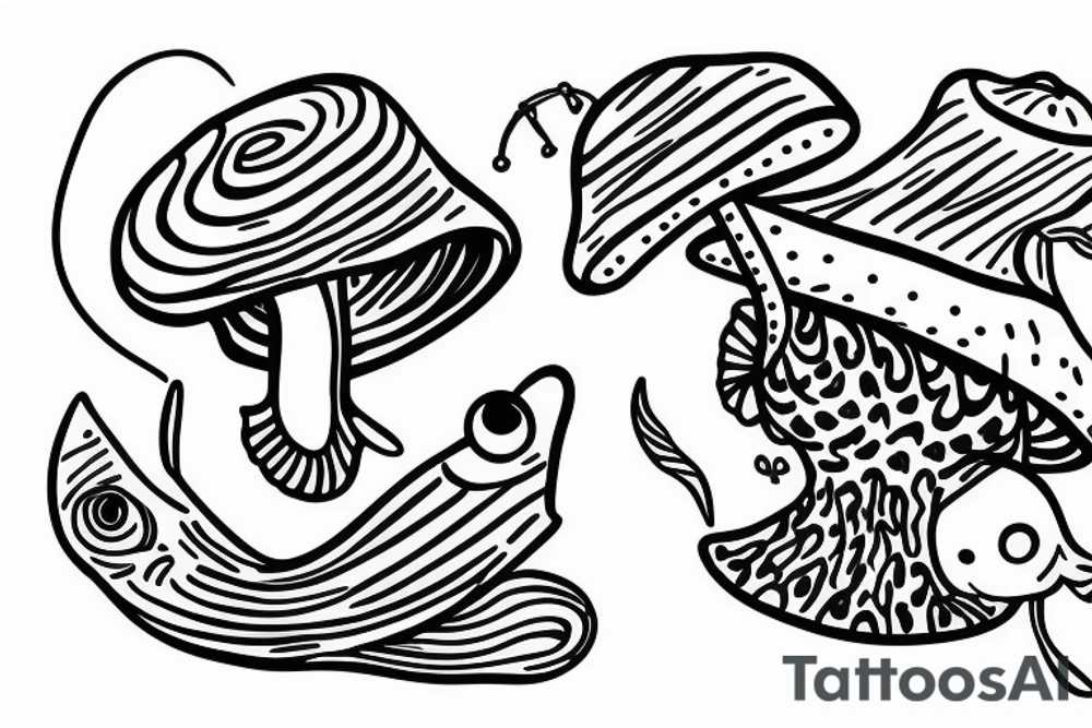 Two fish tied together in a graphic design style wearing a mushroom hat tattoo idea