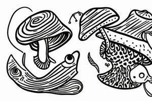 Two fish tied together in a graphic design style wearing a mushroom hat tattoo idea