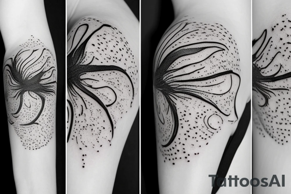 Dive into the realm of artistry  black and white stick and poke tattoo concept that merges whimsy and nature. Picture two endearing fish, their simple, geometric forms elegantly tied together, creating a sense of unity and connection. To add a touch of whimsical charm, these fish sport adorable mushroom hats atop their heads. tattoo idea