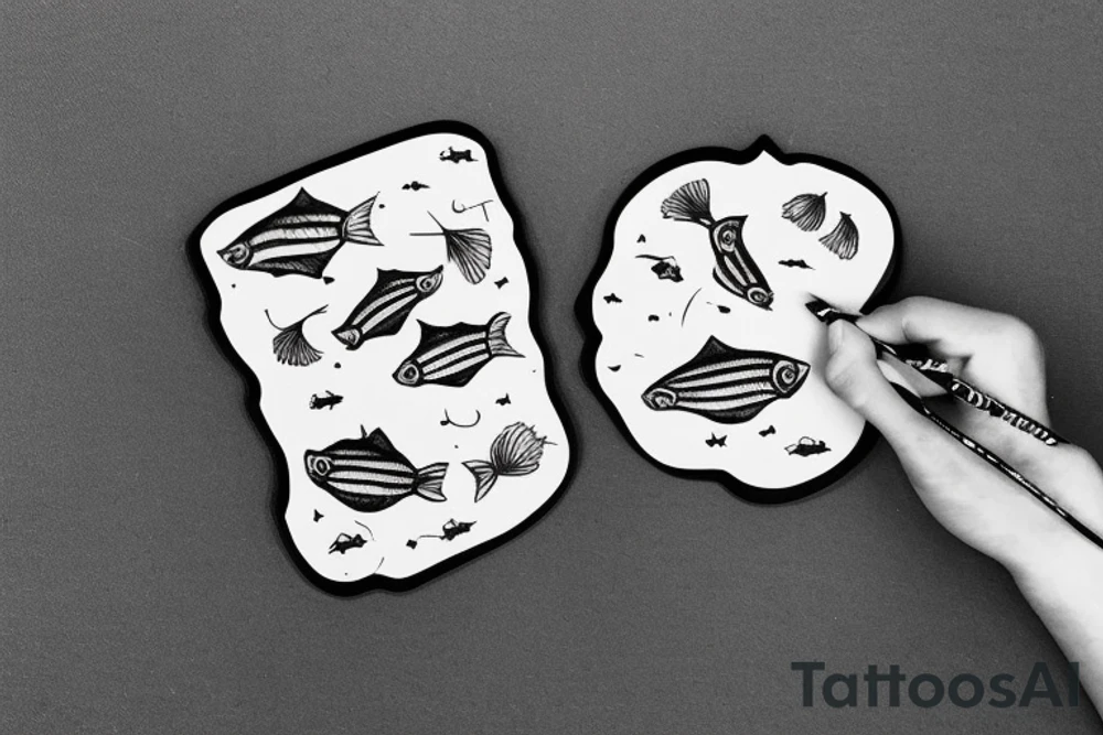Dive into the realm of artistry  black and white stick and poke tattoo concept that merges whimsy and nature. Picture two endearing fish, their simple, geometric forms elegantly tied together, creating a sense of unity and connection. To add a touch of whimsical charm, these fish sport adorable mushroom hats atop their heads. tattoo idea