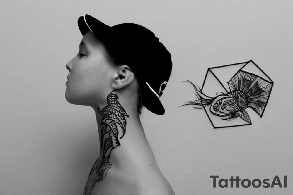 Dive into the realm of artistry  black and white stick and poke tattoo concept that merges whimsy and nature. Picture two endearing fish, their simple, geometric forms elegantly tied together, creating a sense of unity and connection. To add a touch of whimsical charm, these fish sport adorable mushroom hats atop their heads. tattoo idea