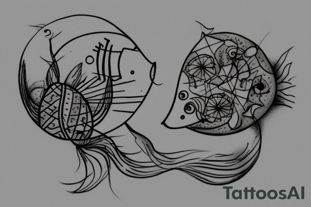 Dive into the realm of artistry  black and white stick and poke tattoo concept that merges whimsy and nature. Picture two endearing fish, their simple, geometric forms elegantly tied together, creating a sense of unity and connection. To add a touch of whimsical charm, these fish sport adorable mushroom hats atop their heads. tattoo idea
