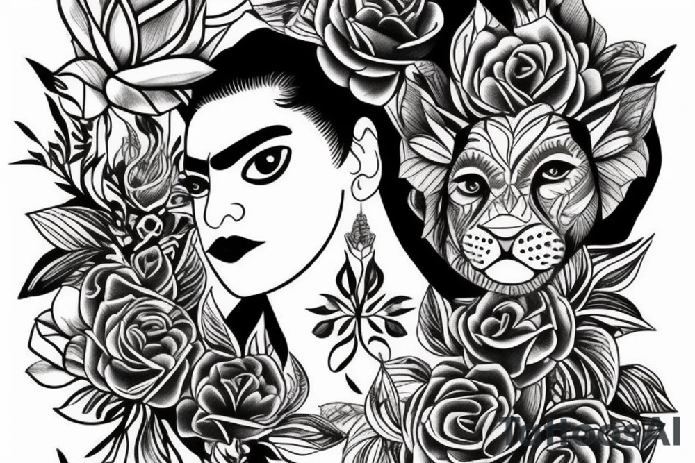 Half of a lioness face with thin, fine lines + feminine quality with light florals added tattoo idea