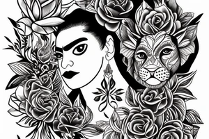 Half of a lioness face with thin, fine lines + feminine quality with light florals added tattoo idea