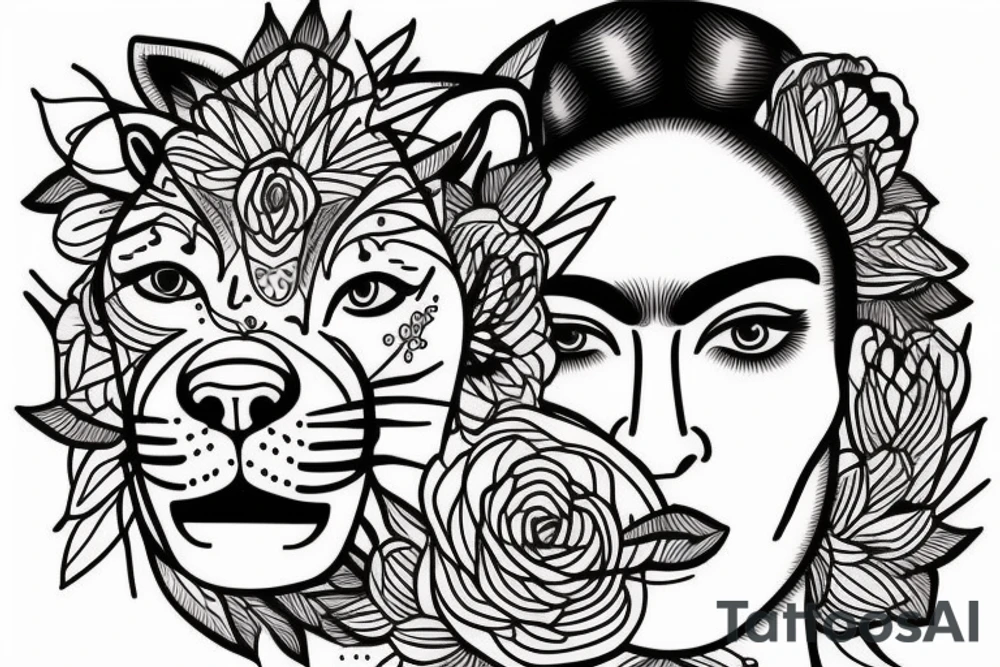 Half of a lioness face with thin, fine lines + feminine quality with light florals added tattoo idea