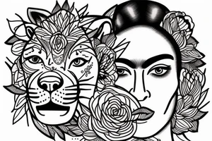 Half of a lioness face with thin, fine lines + feminine quality with light florals added tattoo idea