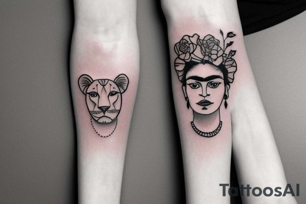Lioness with thin, fine lines + feminine quality with light florals added tattoo idea