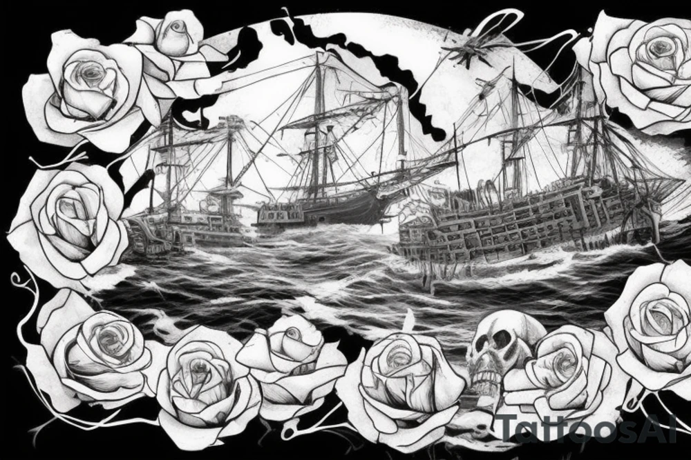 Skull island with a shipwreck being dragged down by a cracken with roses. Old school american art tattoo idea