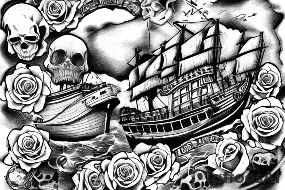Skull island with a shipwreck being dragged down by a cracken with roses. Old school american art tattoo idea