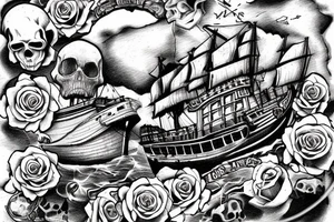 Skull island with a shipwreck being dragged down by a cracken with roses. Old school american art tattoo idea