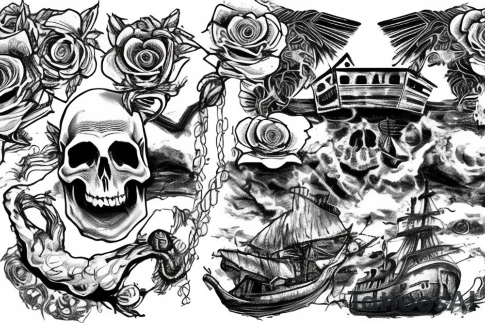 Skull island with a shipwreck being dragged down by a cracken with a rose tattoo idea
