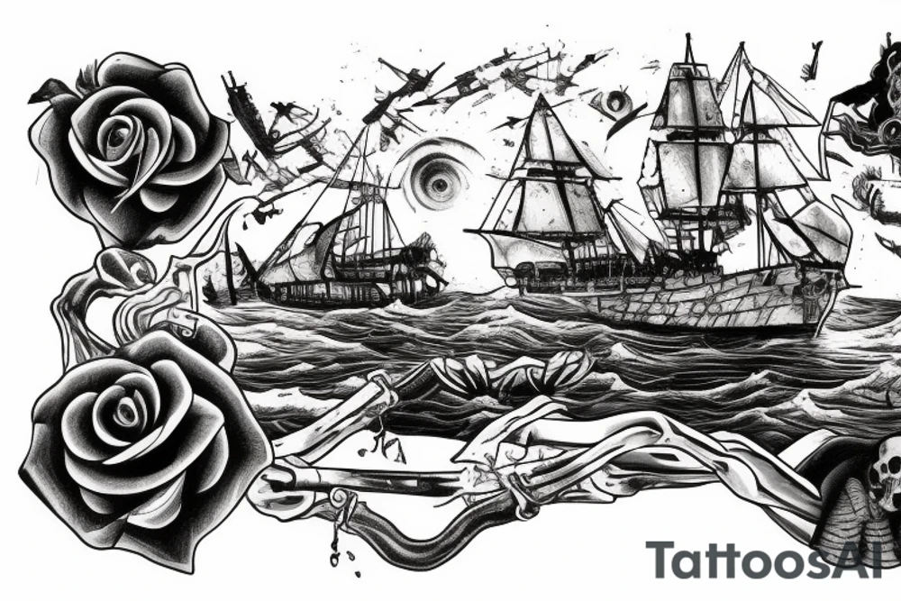 Skull island with a shipwreck being dragged down by a cracken with a rose tattoo idea