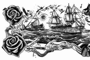 Skull island with a shipwreck being dragged down by a cracken with a rose tattoo idea