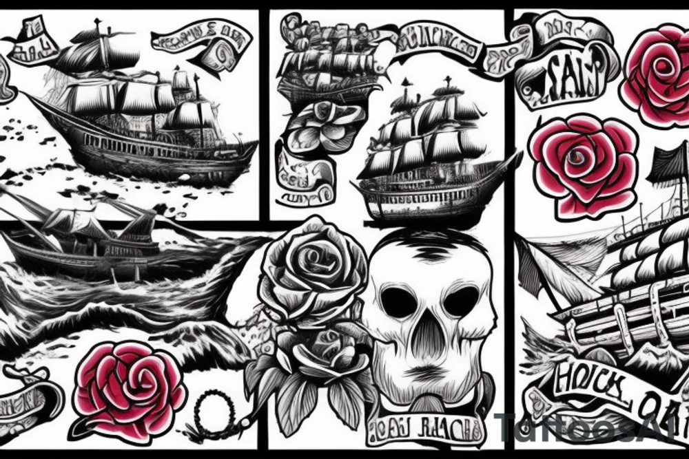 Skull island with a shipwreck being dragged down by a cracken with a rose tattoo idea
