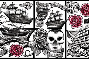Skull island with a shipwreck being dragged down by a cracken with a rose tattoo idea